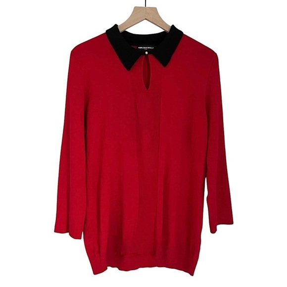 Karl Lagerfeld Women’s Long Sleeve Collared Keyhole Neck Sweater Red Black Large - Picture 1 of 8